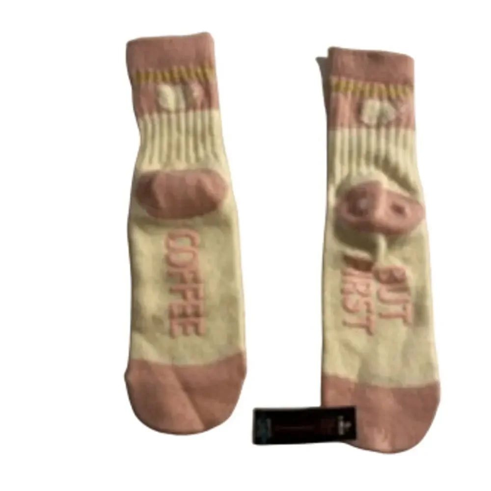 No Boundaries Cow Socks “But First Coffee” Pink Cozy One Size